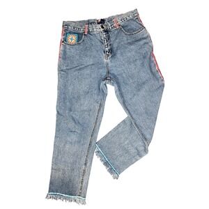 Vintage Old School Crochet Patch Jeans Pink Velvet Trim Fringe Hem Blue Size 12
